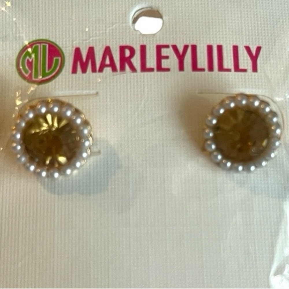NWT Marley Lilly Earrings Gold Yellow Gem Stone and Pearls - Picture 4 of 7